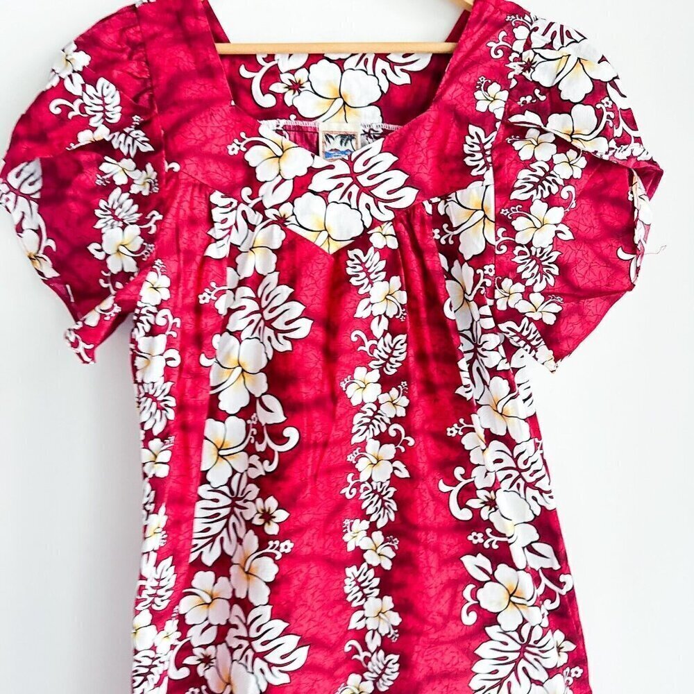 Vintage Hawaiian Togs Floral Red White Hawaiian Midi Dress M - Picture 2 of 8